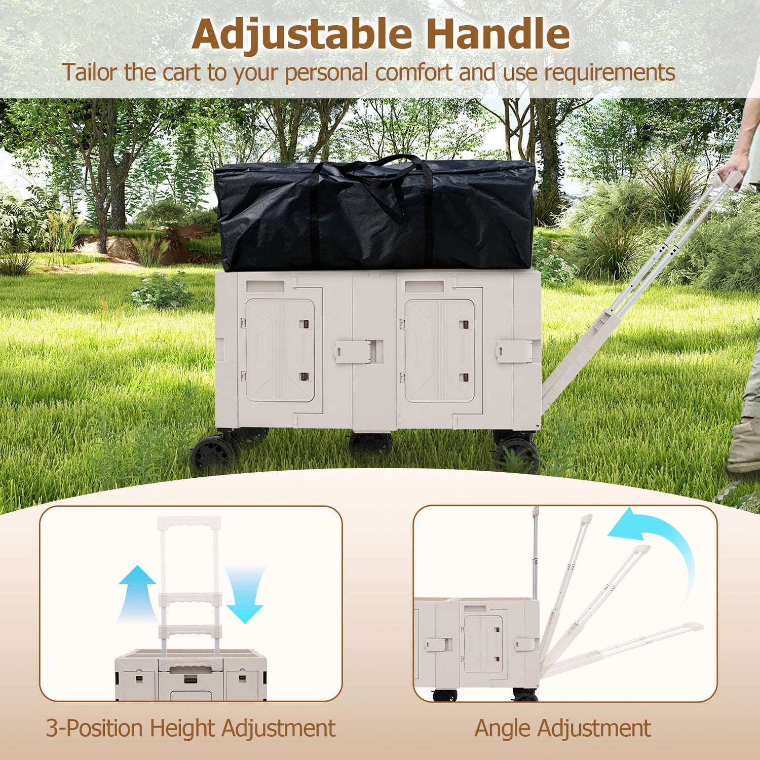 Large Foldable Utility Cart with 2-Tier Storage Crates and Telescoping Handle