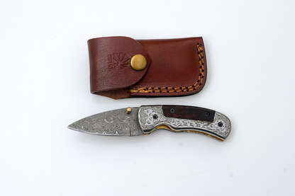 Hand-Forged Damascus Folding Knife | Engraved Bolster, Dark Wood Handle &amp; Intricate Spine File Work TF-074
