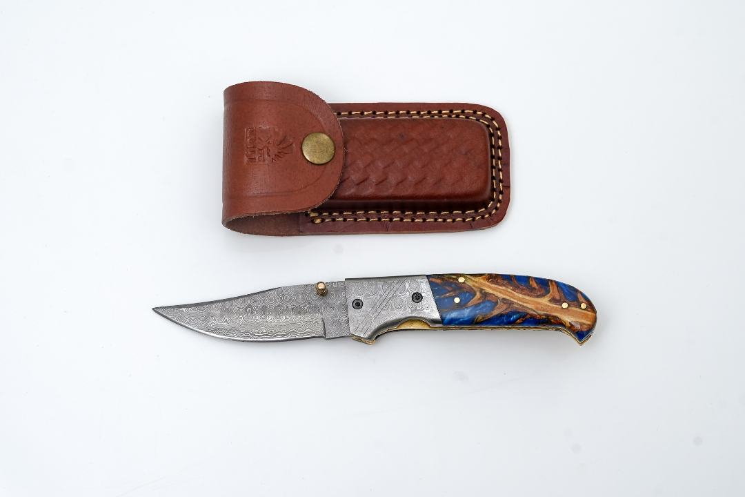 Hand-Forged Damascus Folding Pocket Knife | Blue Resin &amp; Burl Wood Handle with Pocket Clip &amp; Spine File Work -TF-073