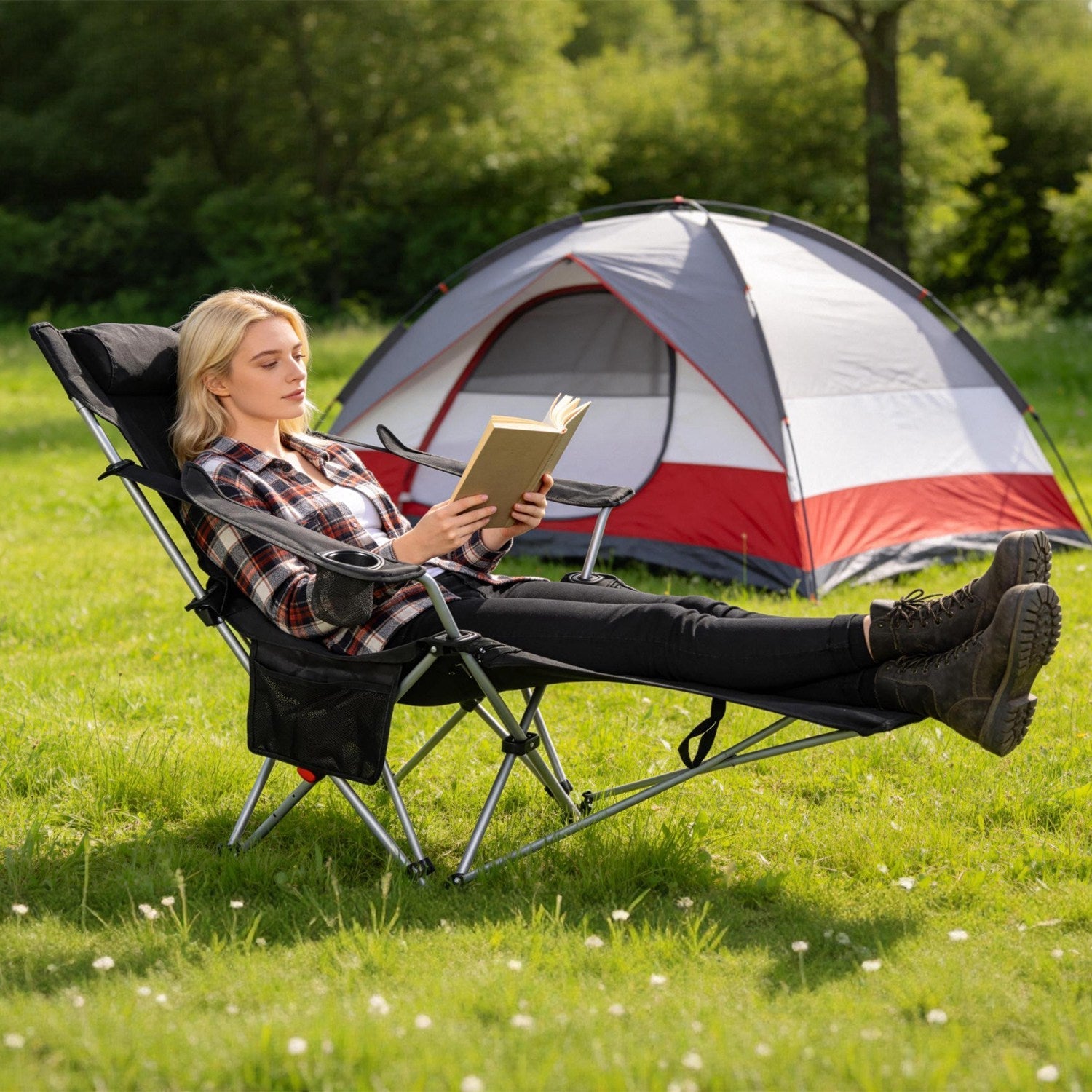 Reclining Camping Chair with Footrest 4-Position Adjustable Outdoor Folding Chair Heavy Duty Portable Camping Lounge Chair with Headrest Cup Holder &amp;