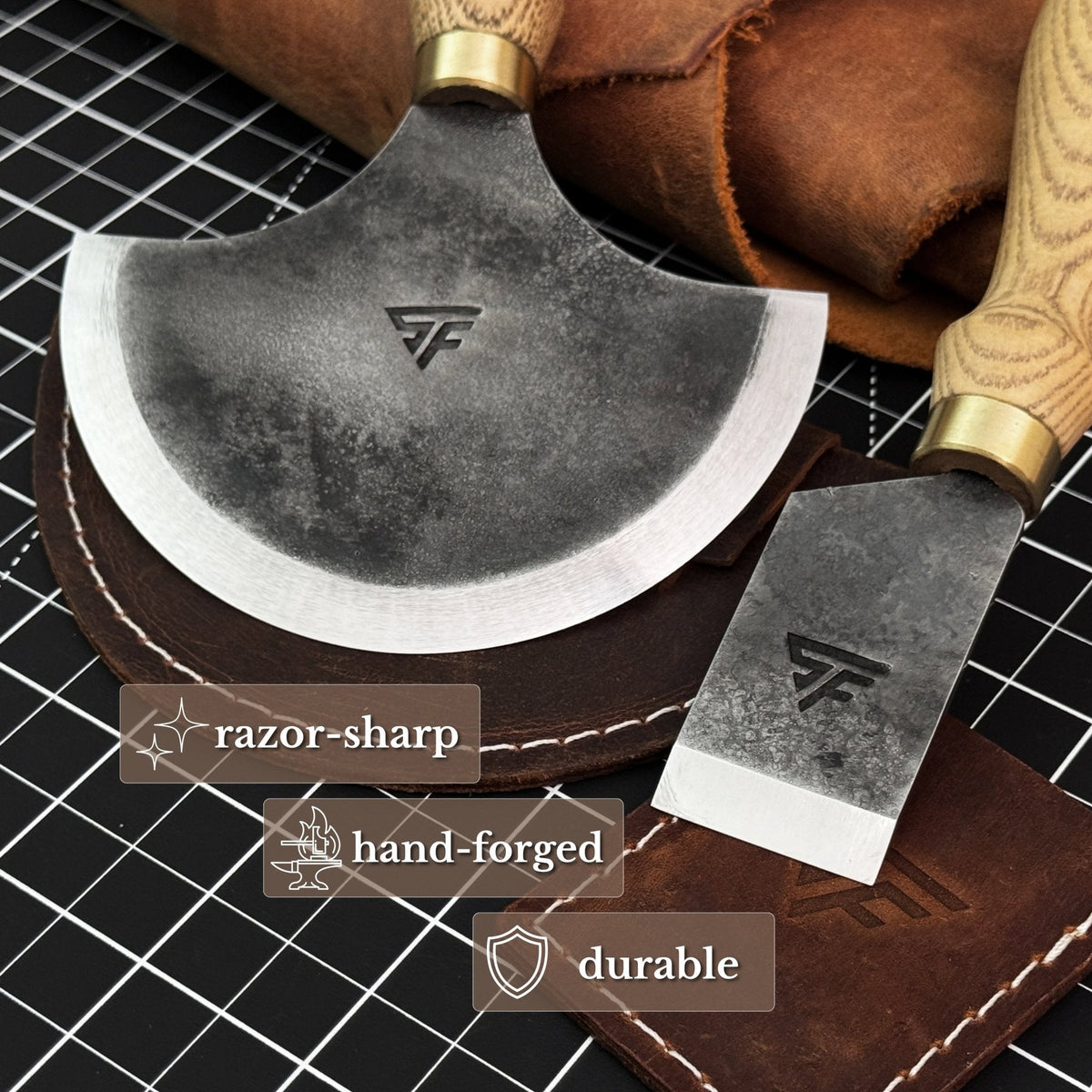 2-Piece Straight and Round (Half Moon) Leather Knife Set