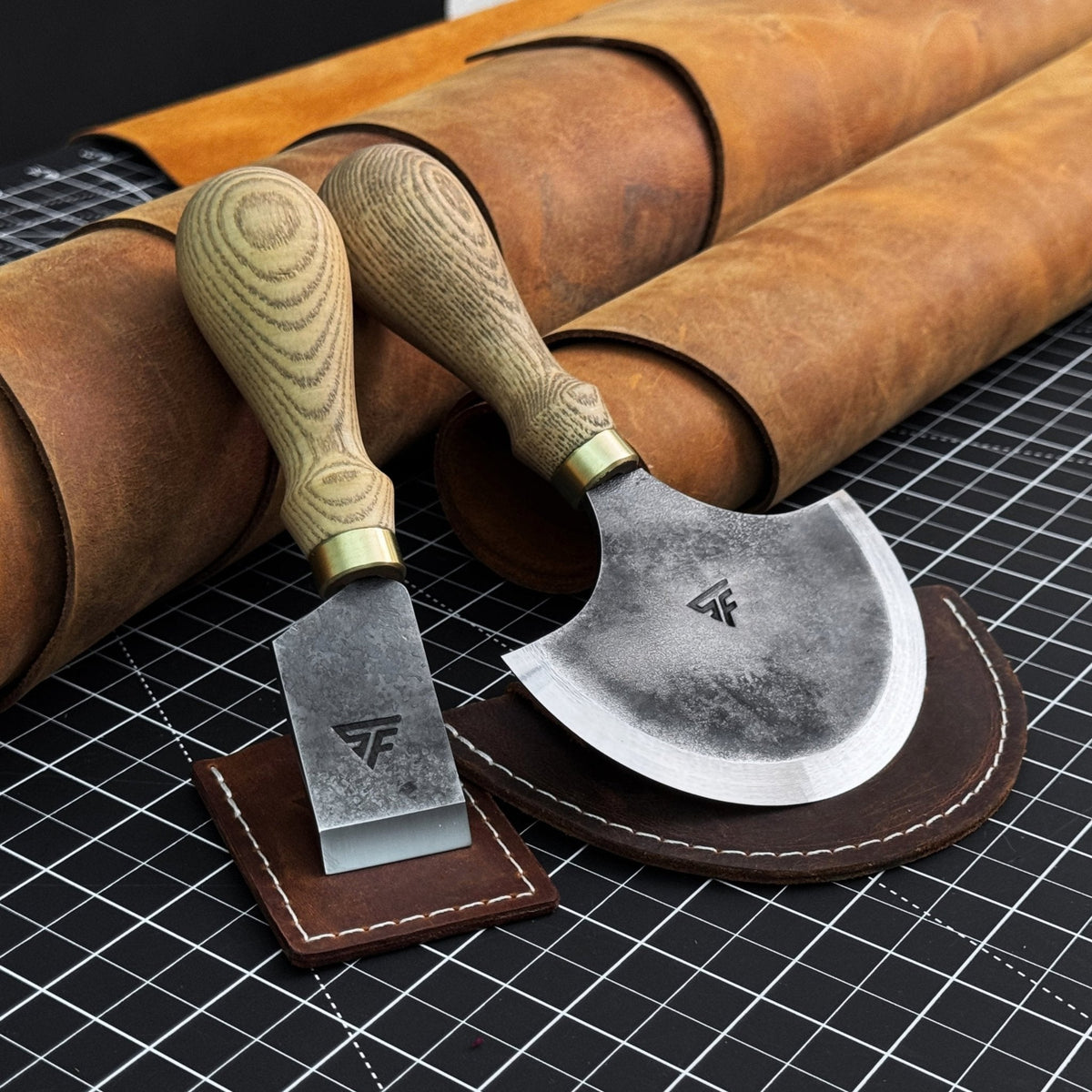 2-Piece Straight and Round (Half Moon) Leather Knife Set