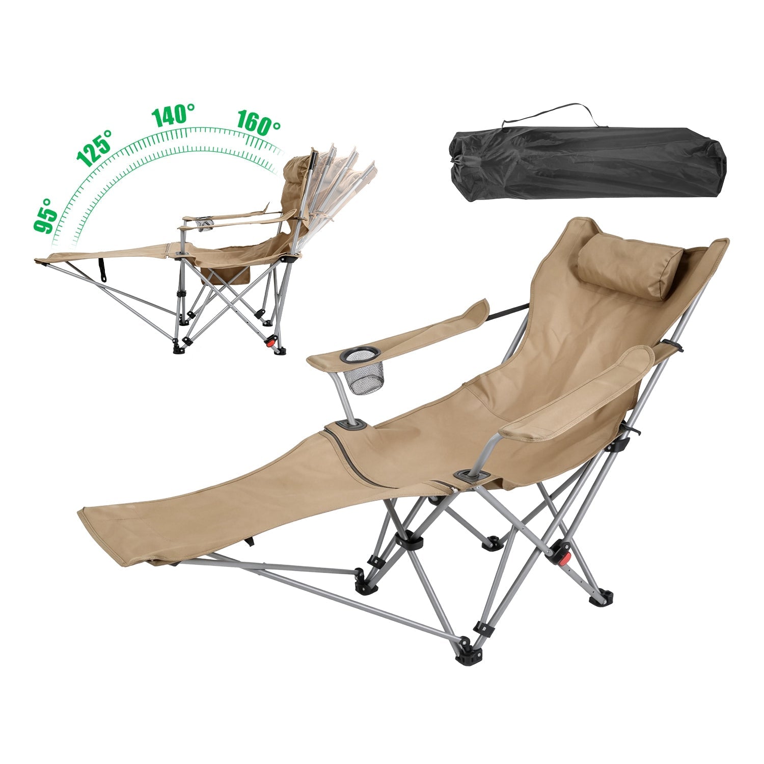Reclining Camping Chair with Footrest 4-Position Adjustable Outdoor Folding Chair Heavy Duty Portable Camping Lounge Chair with Headrest Cup Holder &amp;