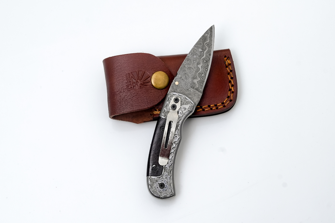 Hand-Forged Damascus Folding Knife | Engraved Bolster, Dark Wood Handle &amp; Intricate Spine File Work TF-074
