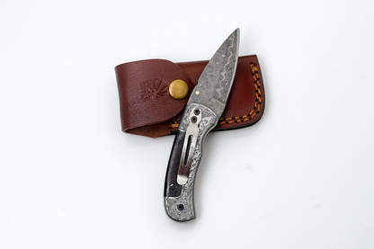 Hand-Forged Damascus Folding Knife | Engraved Bolster, Dark Wood Handle &amp; Intricate Spine File Work TF-074