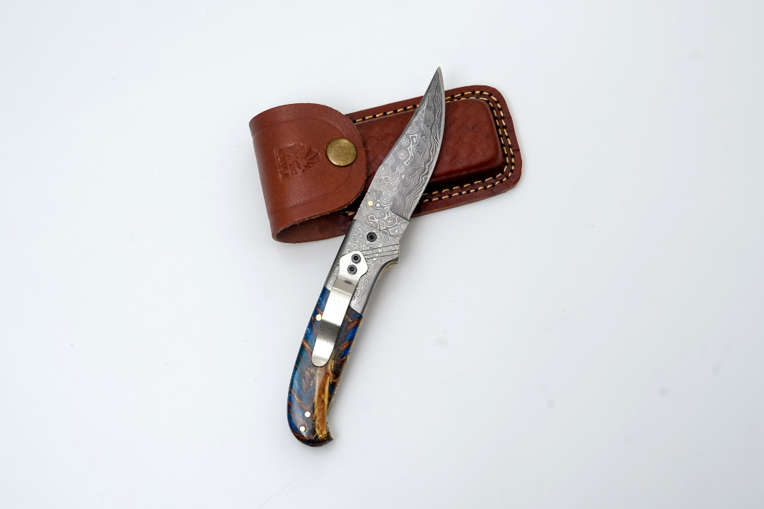 Hand-Forged Damascus Folding Pocket Knife | Blue Resin &amp; Burl Wood Handle with Pocket Clip &amp; Spine File Work -TF-073