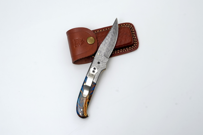 Hand-Forged Damascus Folding Pocket Knife | Blue Resin &amp; Burl Wood Handle with Pocket Clip &amp; Spine File Work -TF-073