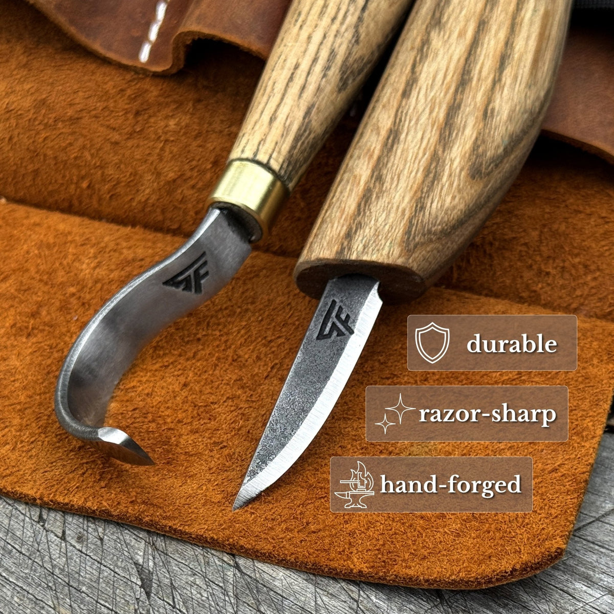 3-Piece Spoon Carving Set – Whittling Knife, Hook Knife &amp; Sharpening Strop