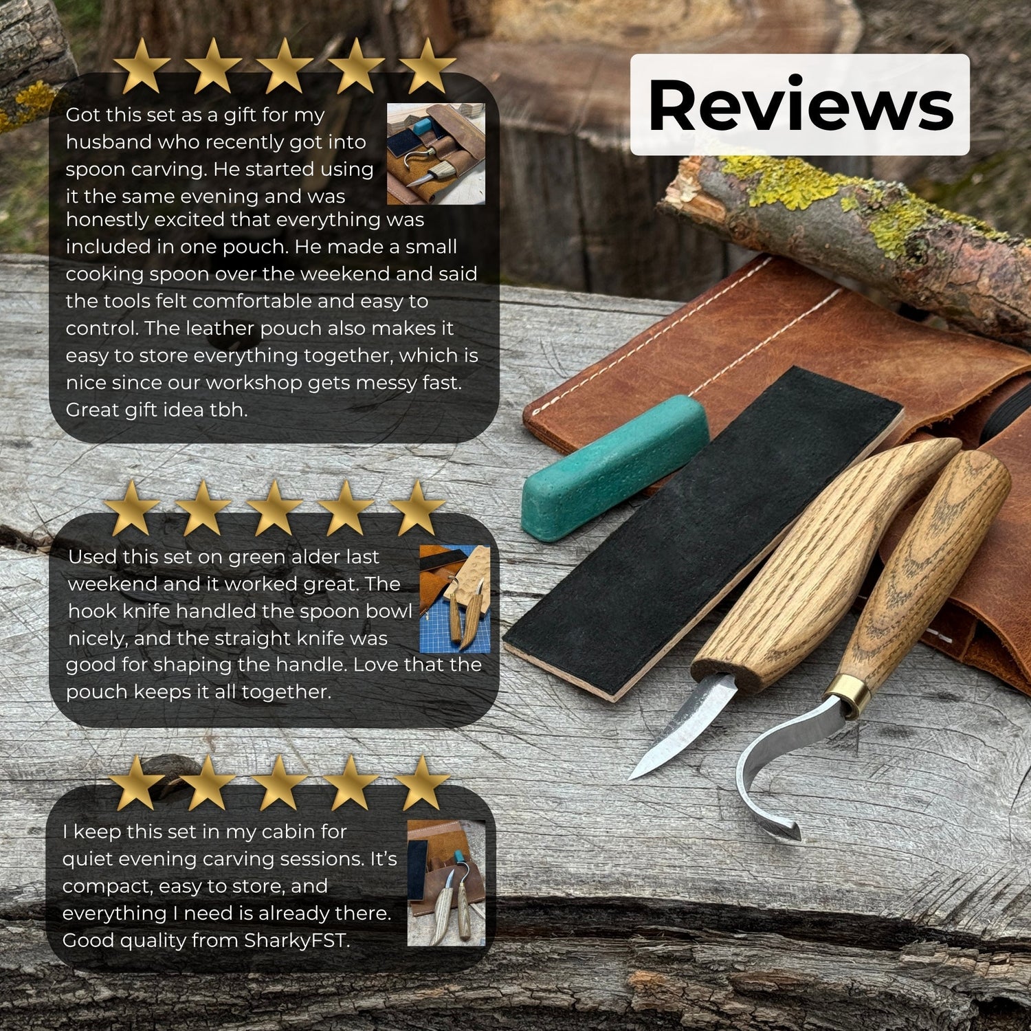 3-Piece Spoon Carving Set – Whittling Knife, Hook Knife &amp; Sharpening Strop