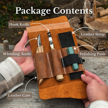 3-Piece Spoon Carving Set – Whittling Knife, Hook Knife &amp; Sharpening Strop