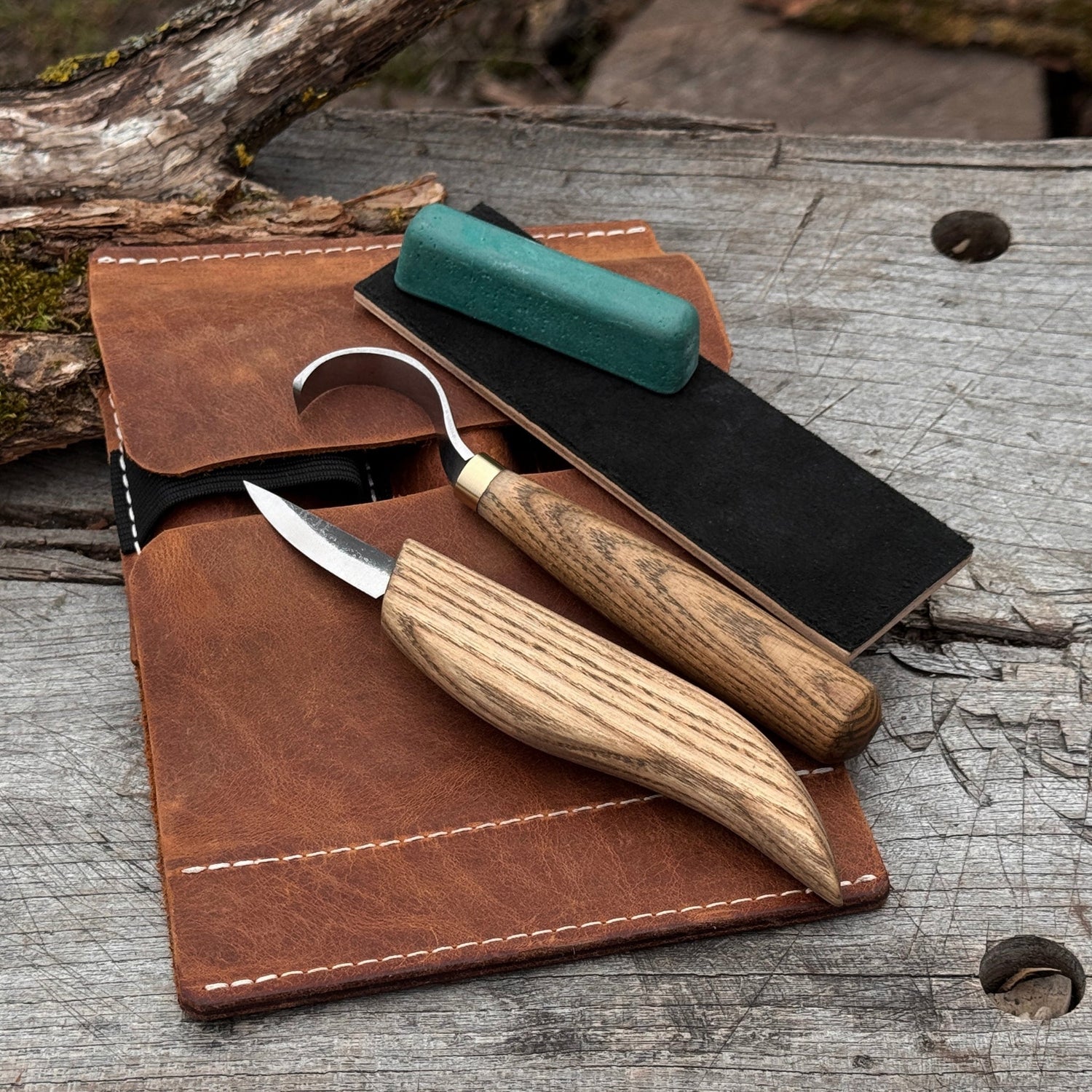 3-Piece Spoon Carving Set – Whittling Knife, Hook Knife &amp; Sharpening Strop