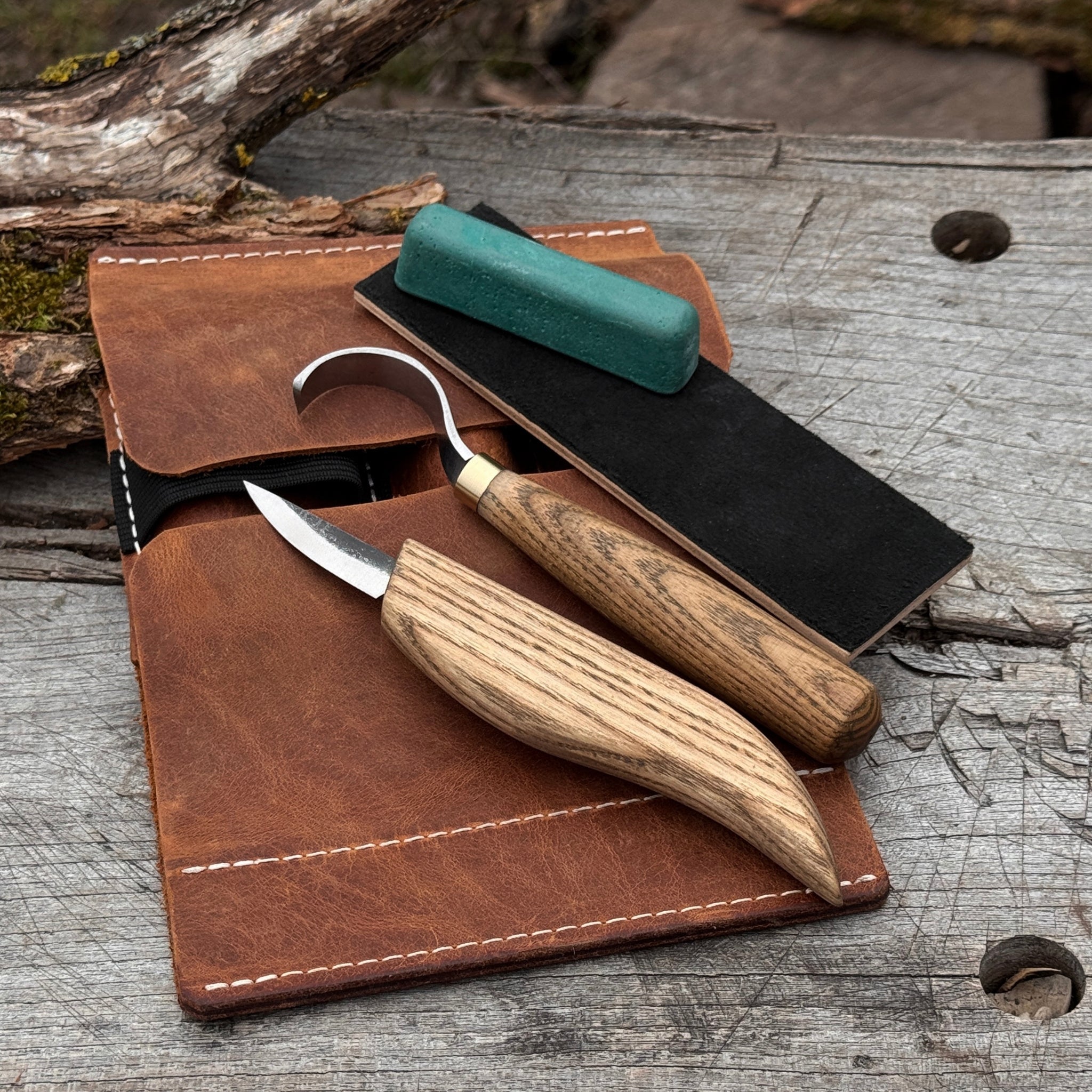 3-Piece Spoon Carving Set – Whittling Knife, Hook Knife &amp; Sharpening Strop