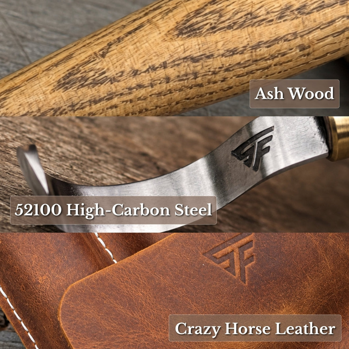 3-Piece Spoon Carving Set – Whittling Knife, Hook Knife &amp; Sharpening Strop