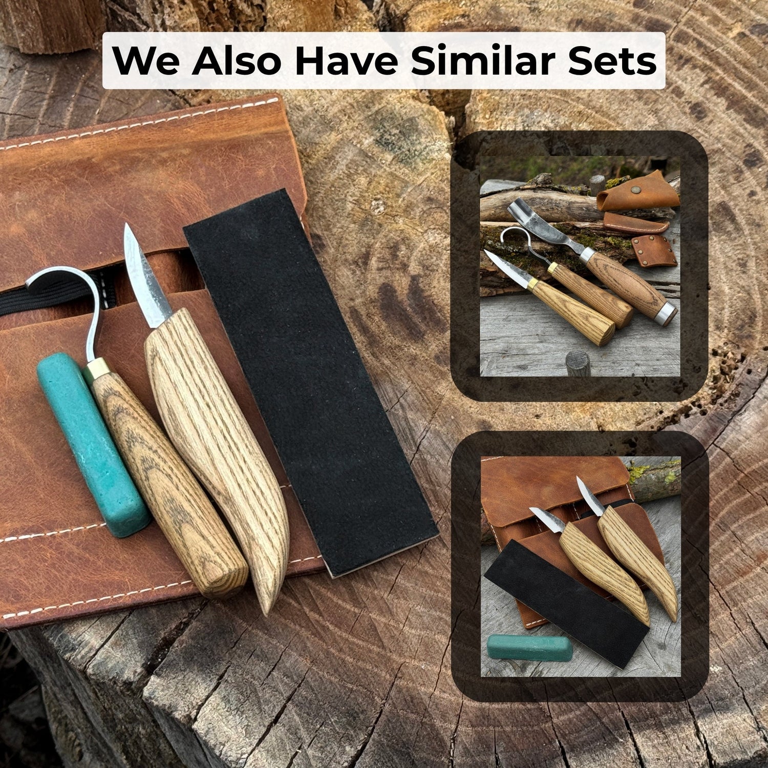 3-Piece Spoon Carving Set – Whittling Knife, Hook Knife &amp; Sharpening Strop