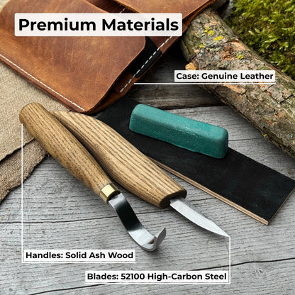 3-Piece Spoon Carving Set – Whittling Knife, Hook Knife &amp; Sharpening Strop