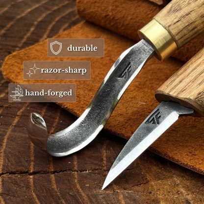 3-Piece Wood Carving Knife Set – Whittling Knife, Hook Knife &amp; Leather Strop