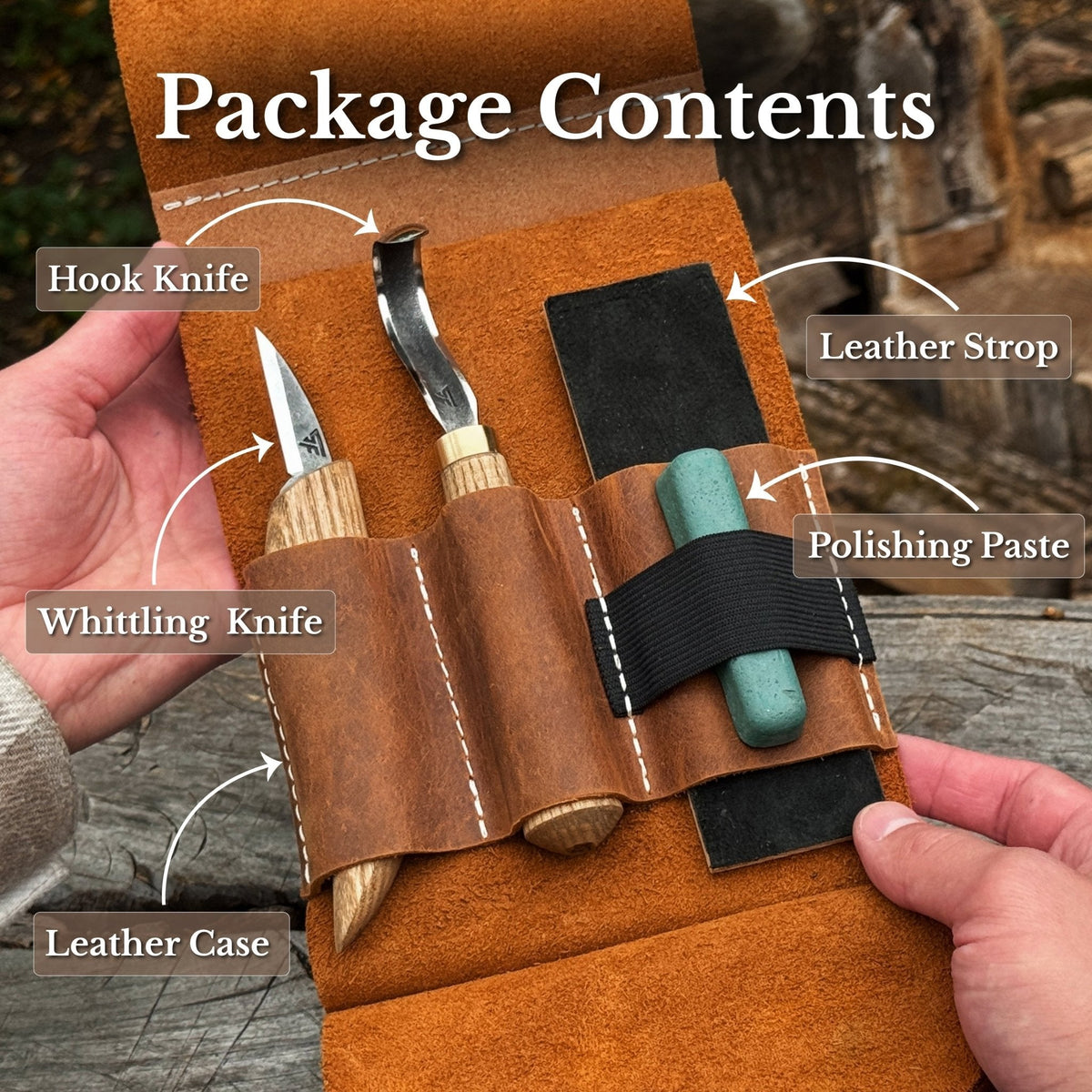 3-Piece Wood Carving Knife Set – Whittling Knife, Hook Knife &amp; Leather Strop