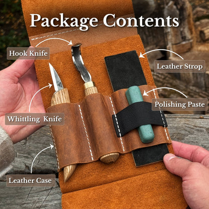 3-Piece Wood Carving Knife Set – Whittling Knife, Hook Knife &amp; Leather Strop