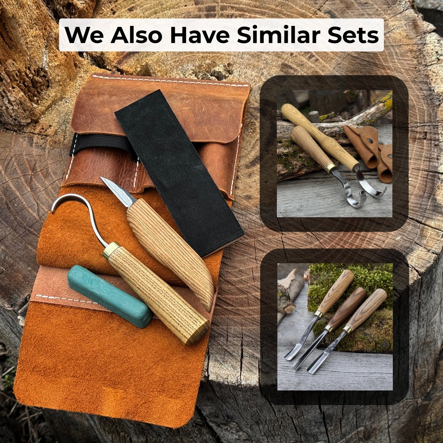 3-Piece Wood Carving Knife Set – Whittling Knife, Hook Knife &amp; Leather Strop