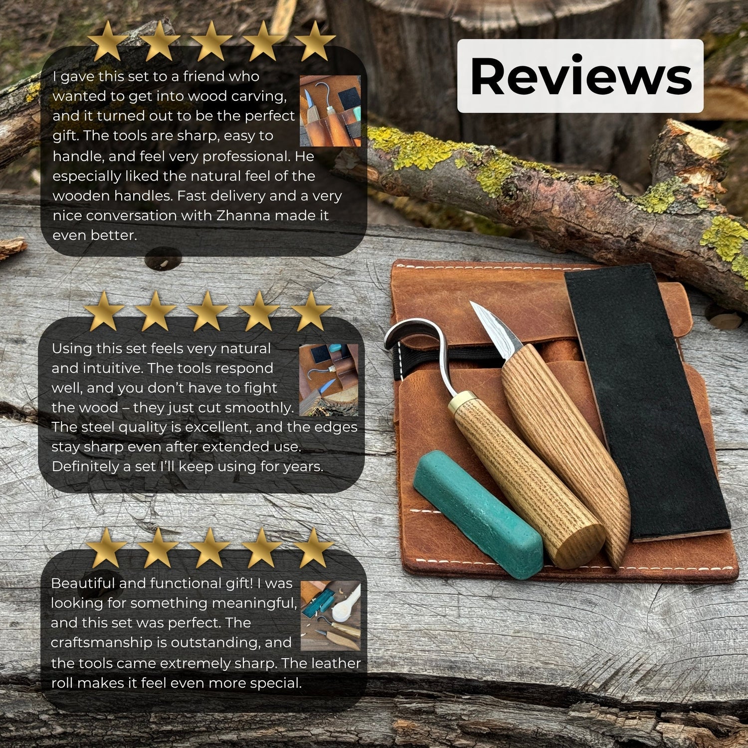 3-Piece Wood Carving Knife Set – Whittling Knife, Hook Knife &amp; Leather Strop