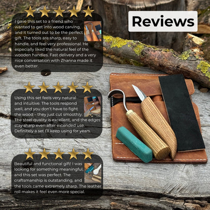 3-Piece Wood Carving Knife Set – Whittling Knife, Hook Knife &amp; Leather Strop