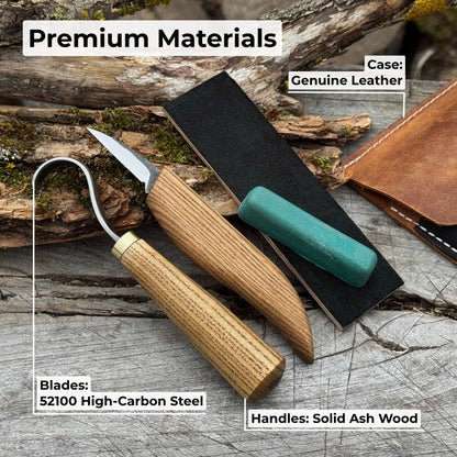 3-Piece Wood Carving Knife Set – Whittling Knife, Hook Knife &amp; Leather Strop