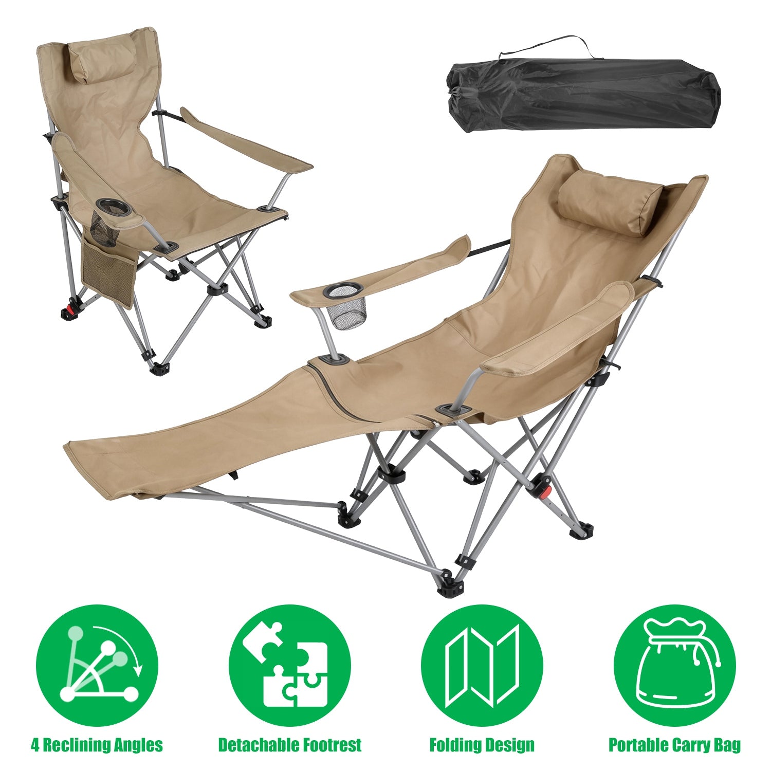 Reclining Camping Chair with Footrest 4-Position Adjustable Outdoor Folding Chair Heavy Duty Portable Camping Lounge Chair with Headrest Cup Holder &amp;