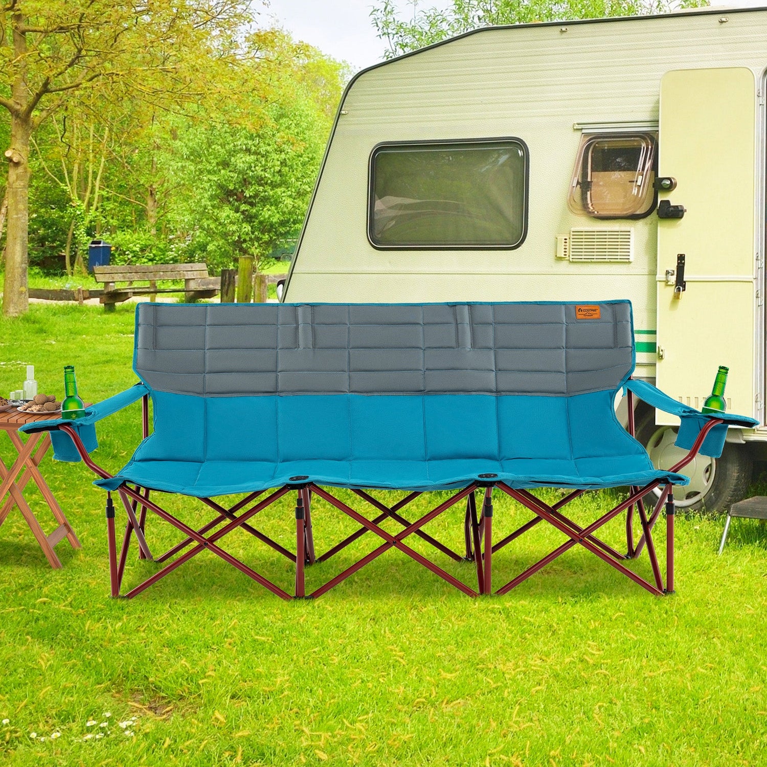 3 Person Folding Camping Chair with 2 Cup Holders Cotton Padding &amp; Storage Bag
