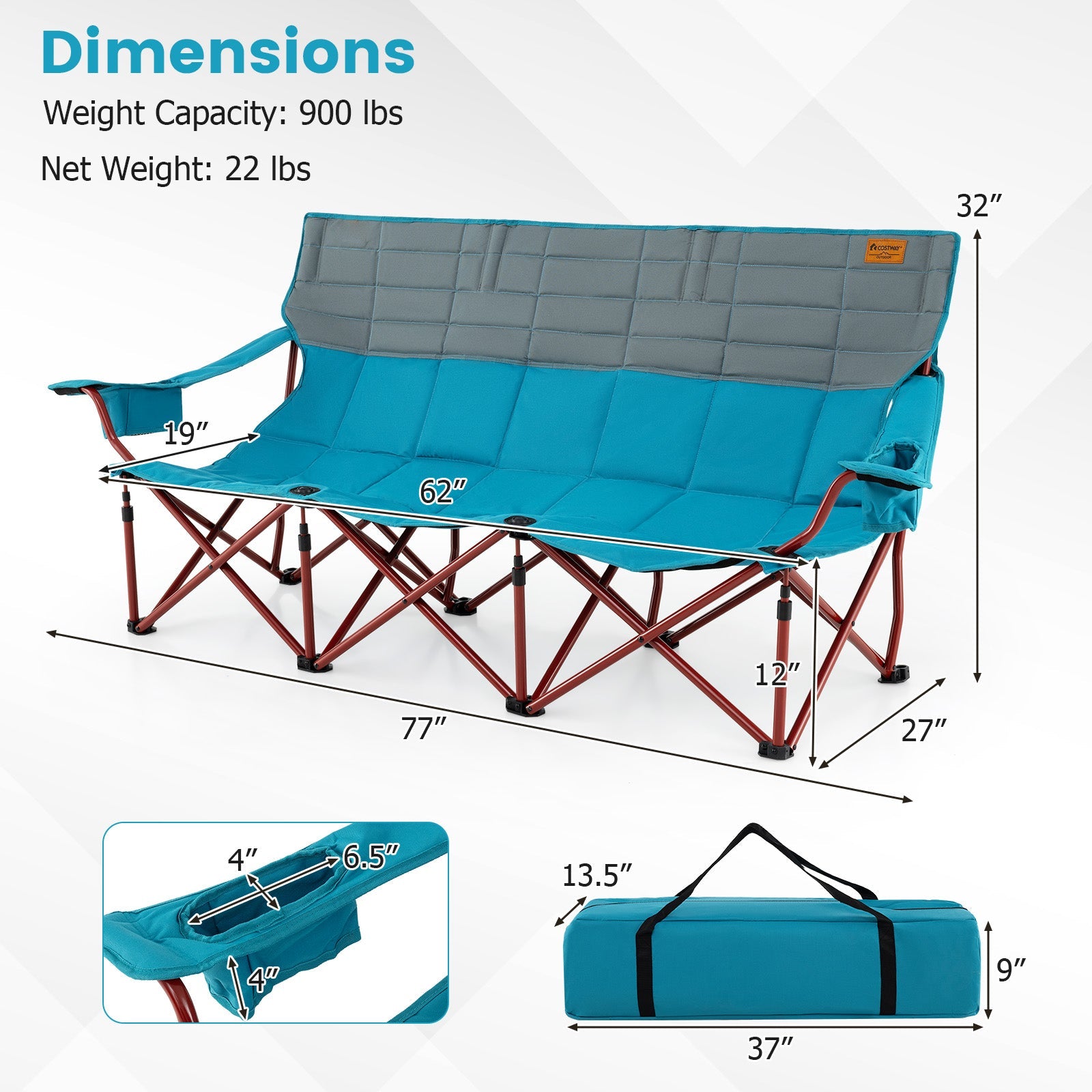 3 Person Folding Camping Chair with 2 Cup Holders Cotton Padding &amp; Storage Bag