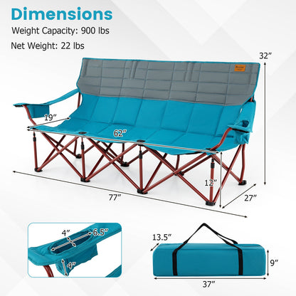 3 Person Folding Camping Chair with 2 Cup Holders Cotton Padding &amp; Storage Bag