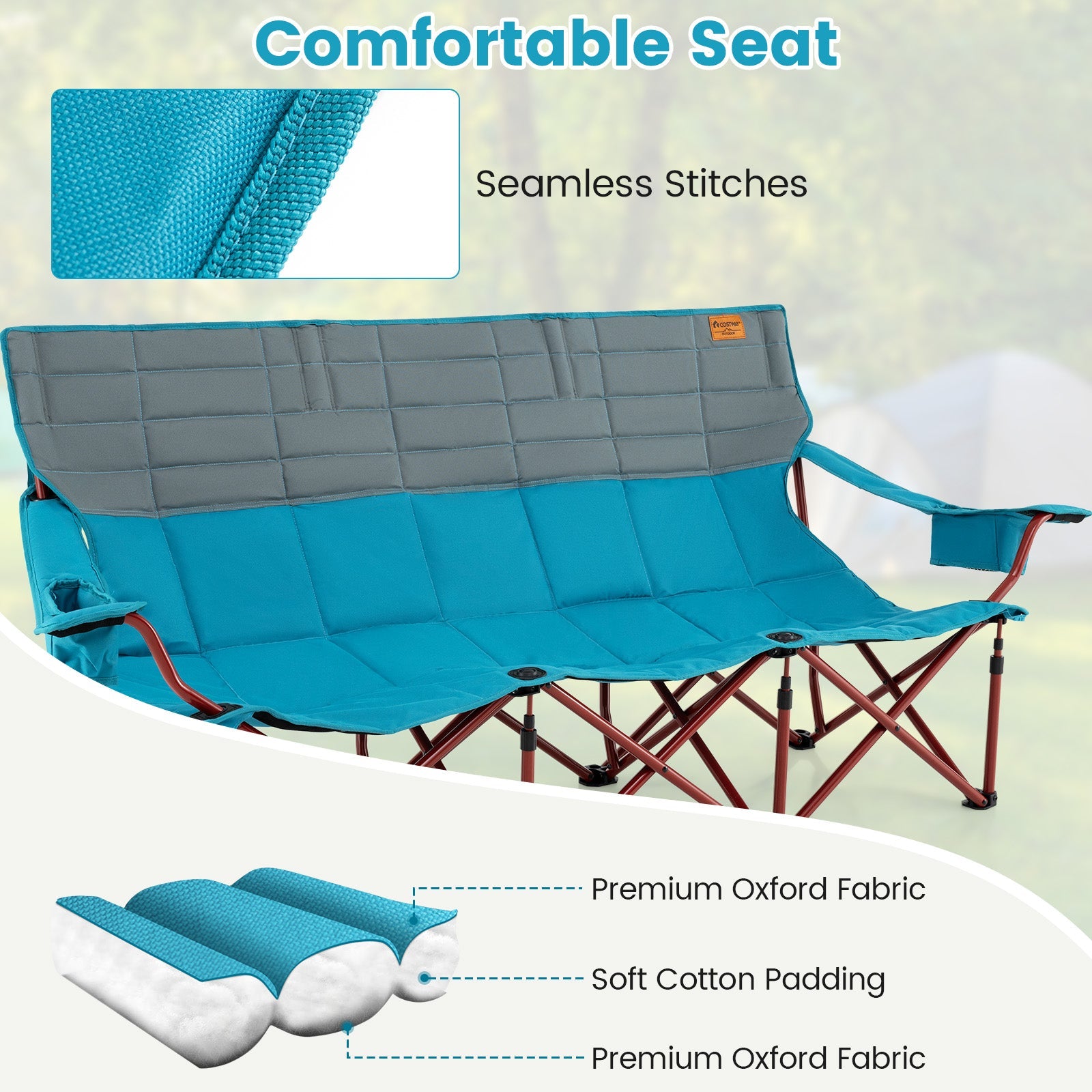 3 Person Folding Camping Chair with 2 Cup Holders Cotton Padding &amp; Storage Bag