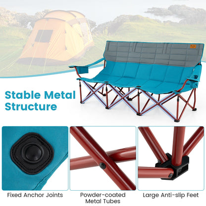 3 Person Folding Camping Chair with 2 Cup Holders Cotton Padding &amp; Storage Bag