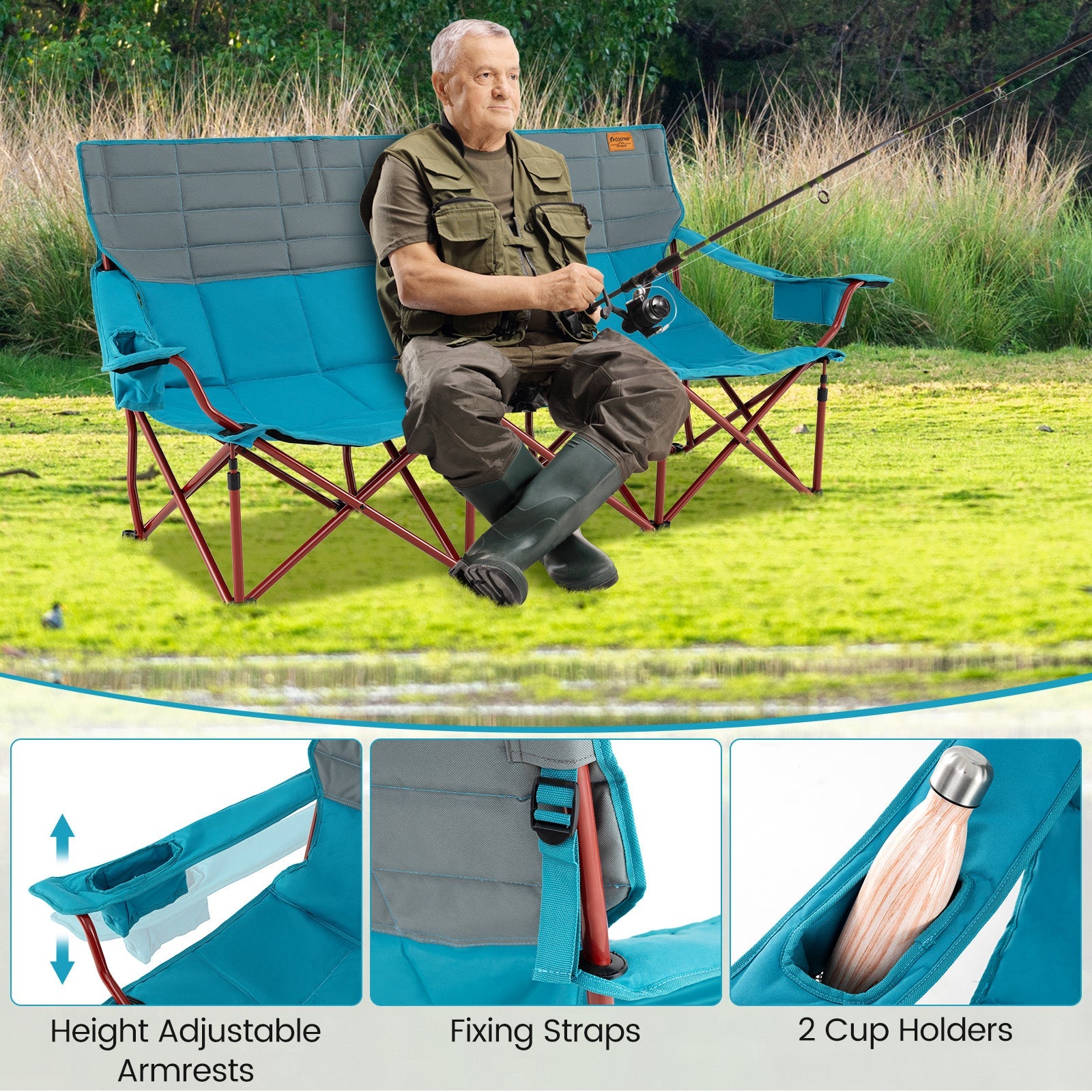 3 Person Folding Camping Chair with 2 Cup Holders Cotton Padding &amp; Storage Bag