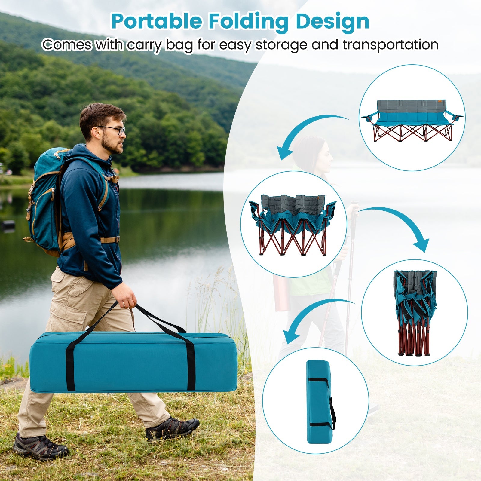 3 Person Folding Camping Chair with 2 Cup Holders Cotton Padding &amp; Storage Bag