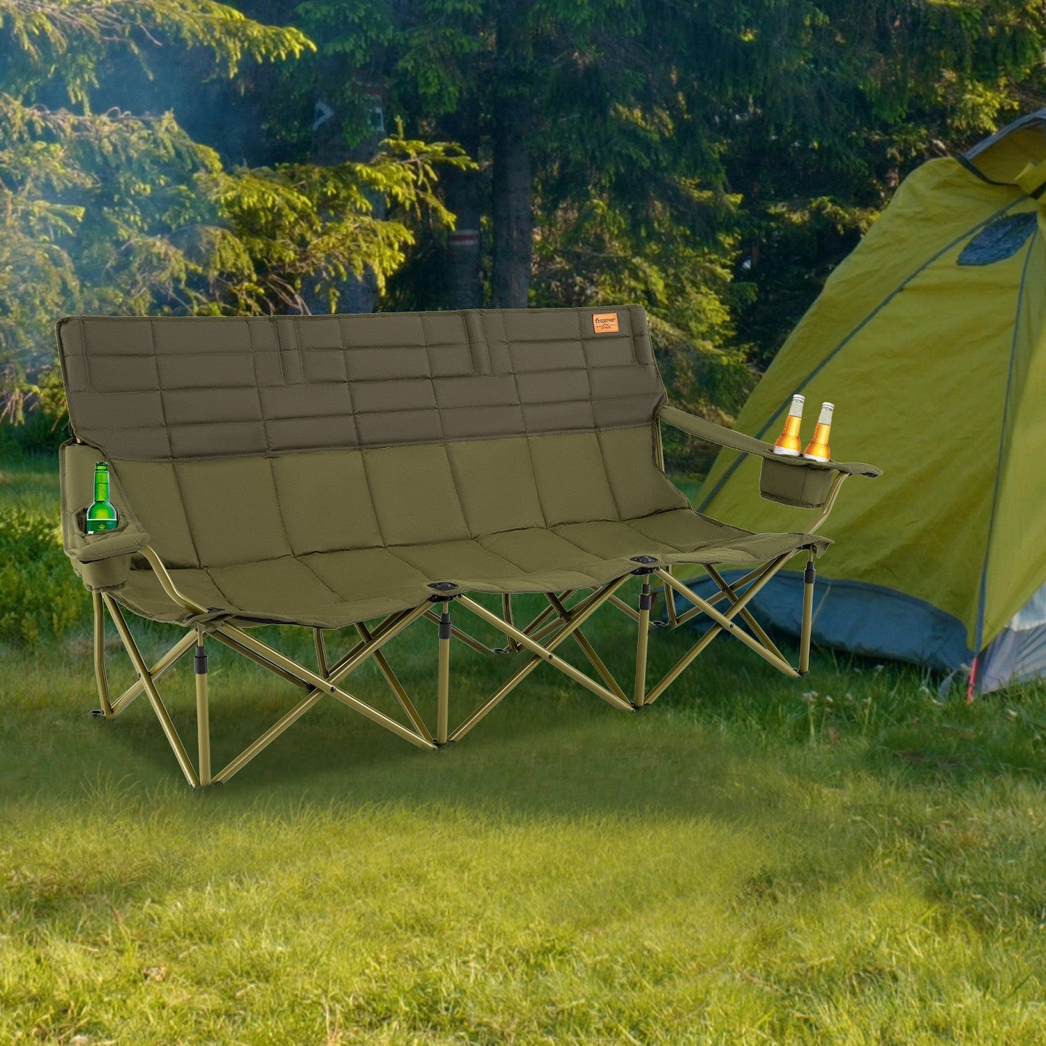 3 Person Folding Camping Chair with 2 Cup Holders Cotton Padding &amp; Storage Bag