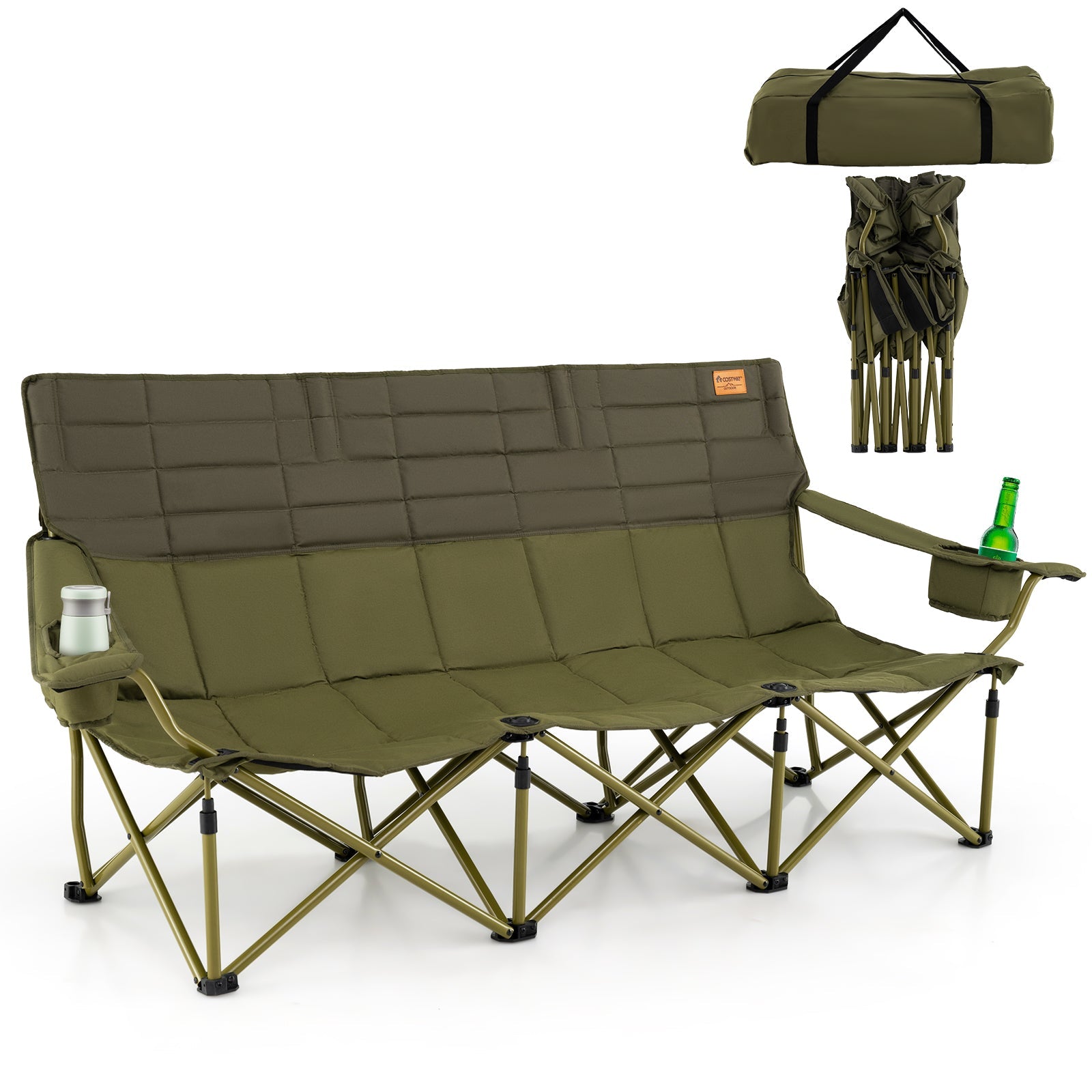 3 Person Folding Camping Chair with 2 Cup Holders Cotton Padding &amp; Storage Bag