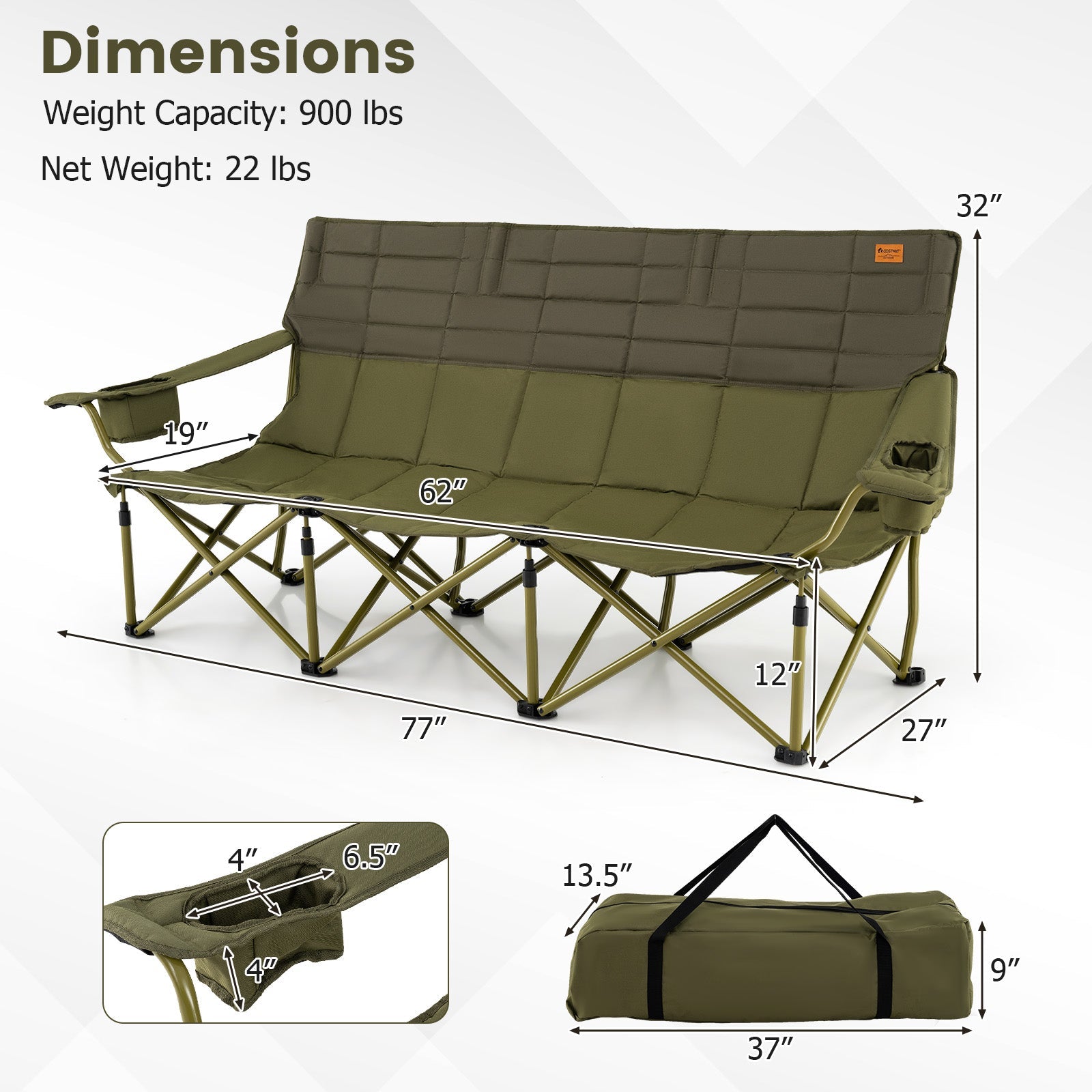 3 Person Folding Camping Chair with 2 Cup Holders Cotton Padding &amp; Storage Bag