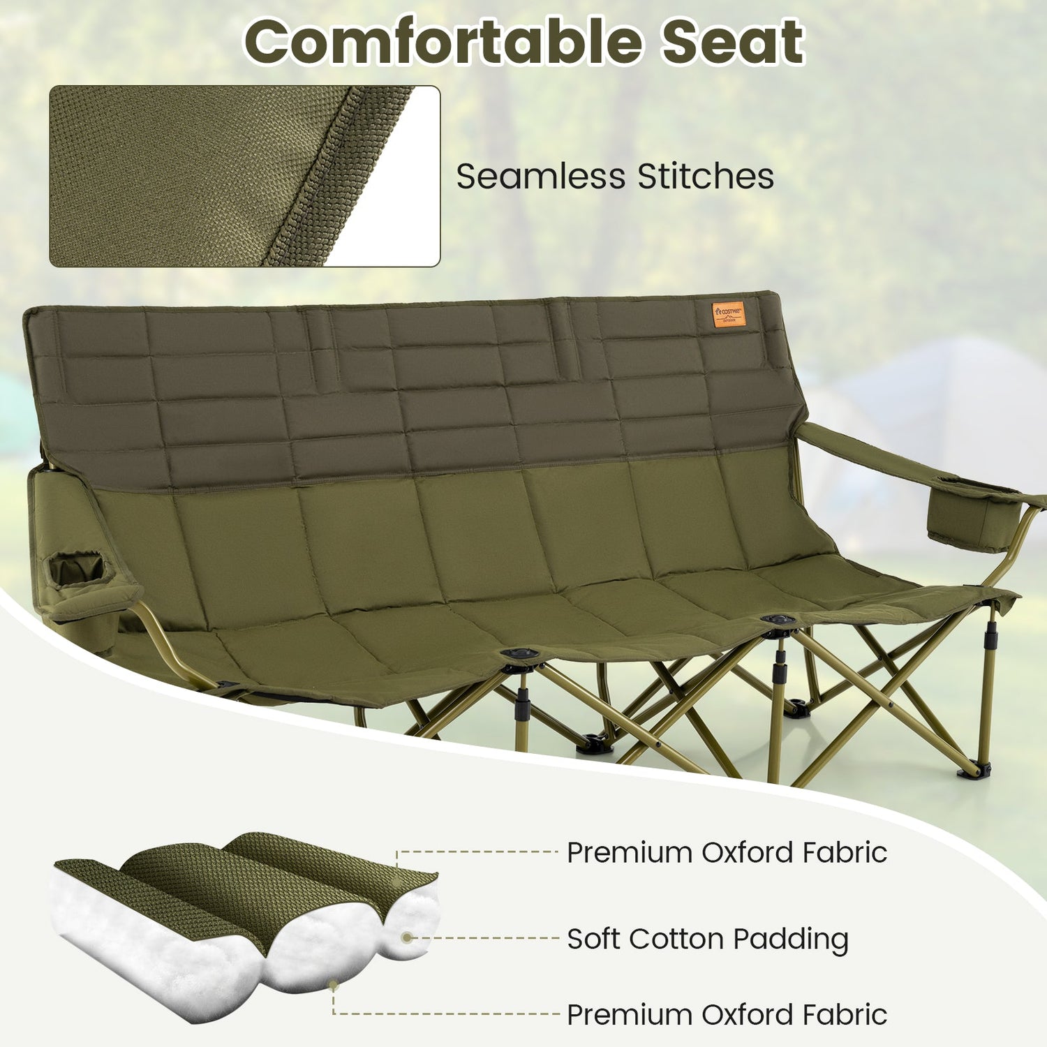 3 Person Folding Camping Chair with 2 Cup Holders Cotton Padding &amp; Storage Bag