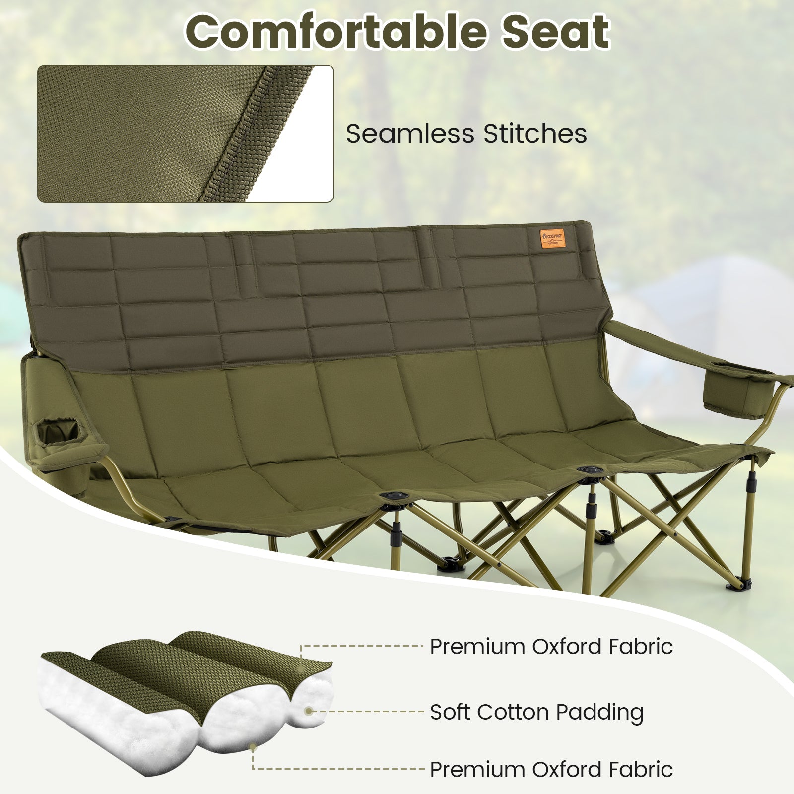 3 Person Folding Camping Chair with 2 Cup Holders Cotton Padding &amp; Storage Bag