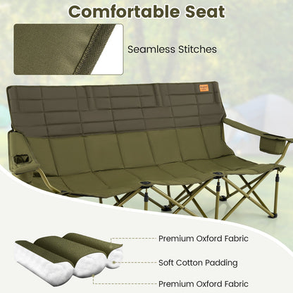 3 Person Folding Camping Chair with 2 Cup Holders Cotton Padding &amp; Storage Bag