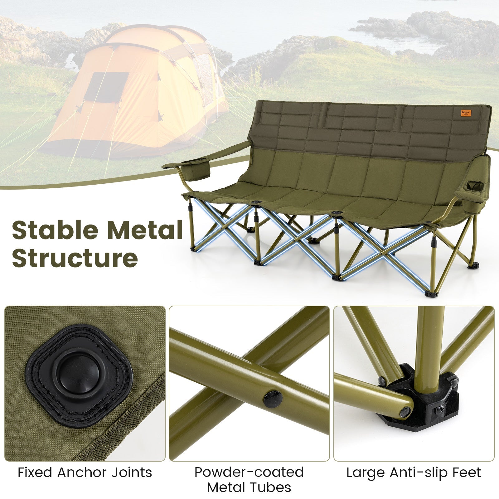 3 Person Folding Camping Chair with 2 Cup Holders Cotton Padding &amp; Storage Bag