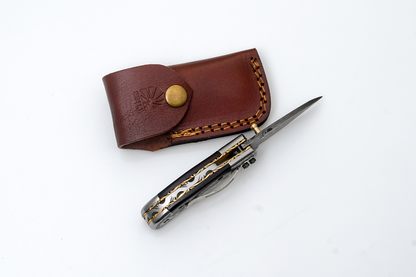 Hand-Forged Damascus Folding Knife | Engraved Bolster, Dark Wood Handle &amp; Intricate Spine File Work TF-074
