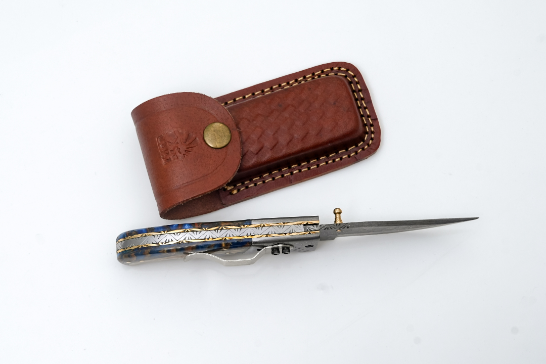 Hand-Forged Damascus Folding Pocket Knife | Blue Resin &amp; Burl Wood Handle with Pocket Clip &amp; Spine File Work -TF-073