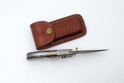 Hand-Forged Damascus Folding Pocket Knife | Blue Resin &amp; Burl Wood Handle with Pocket Clip &amp; Spine File Work -TF-073