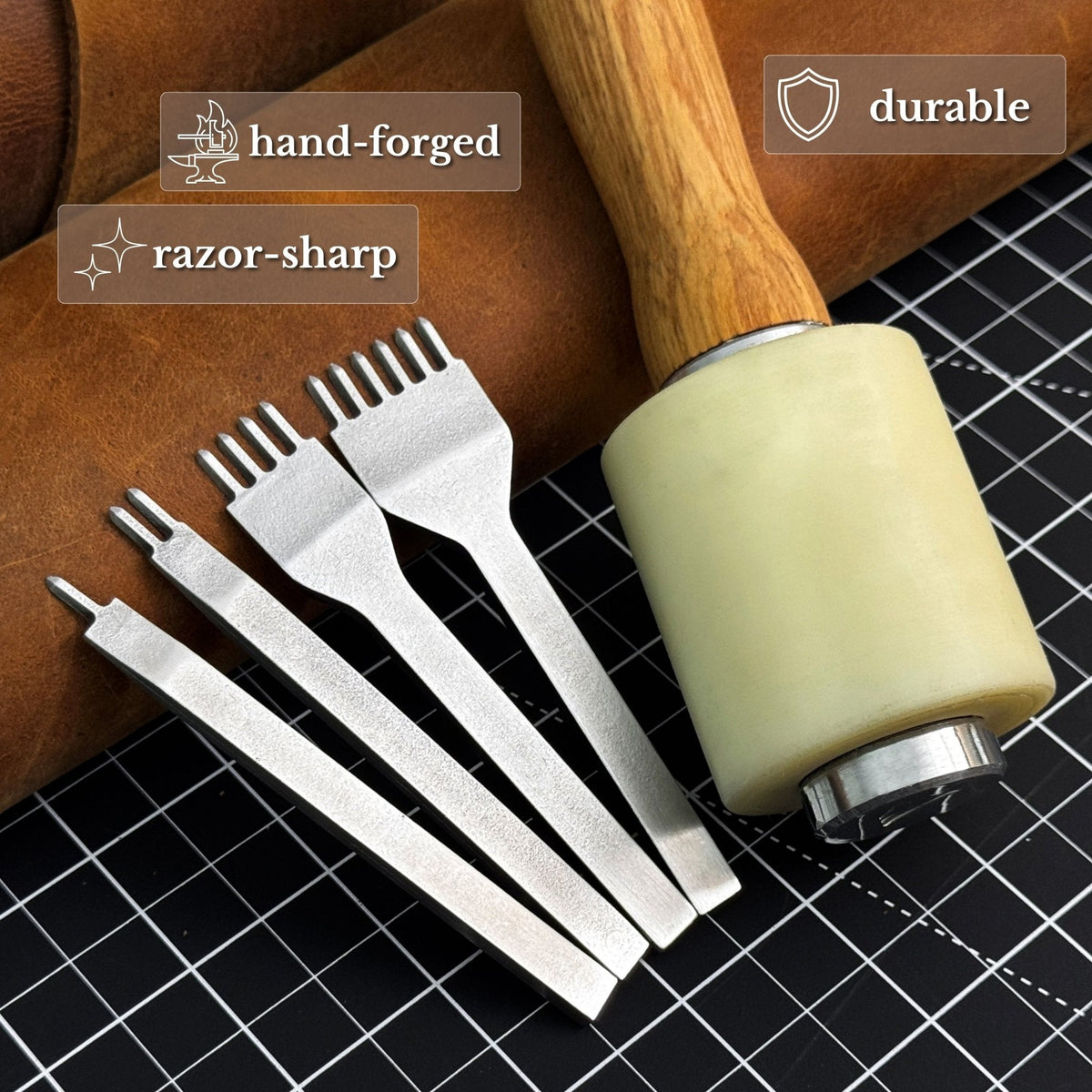 4-Piece Diamond Style Leather Pricking Iron and Leather Nylon Hammer