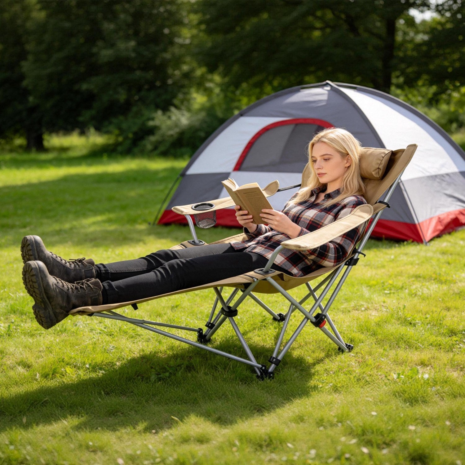 Reclining Camping Chair with Footrest 4-Position Adjustable Outdoor Folding Chair Heavy Duty Portable Camping Lounge Chair with Headrest Cup Holder &amp;