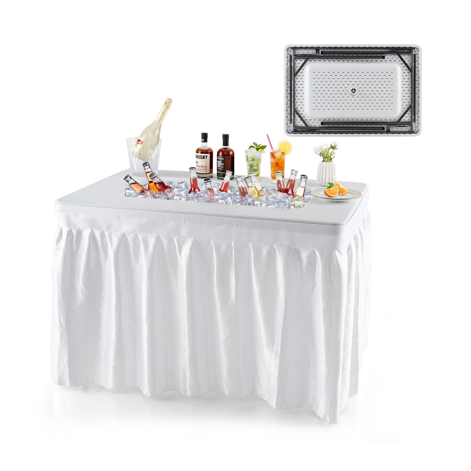 4 Feet Folding Ice Bin Table with Skirt for Camping Picnic Wedding with Ice Bucket-White