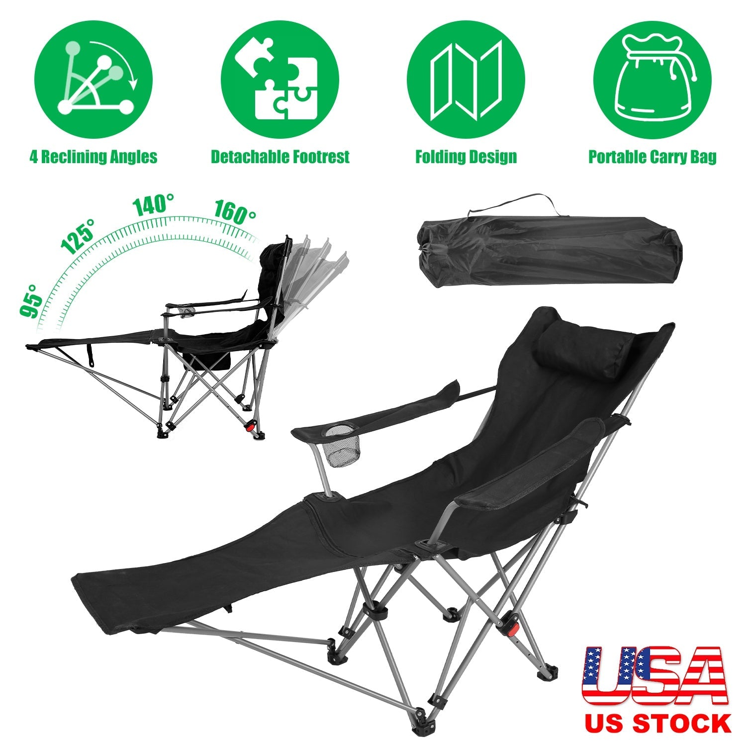 Reclining Camping Chair with Footrest 4-Position Adjustable Outdoor Folding Chair Heavy Duty Portable Camping Lounge Chair with Headrest Cup Holder &amp;