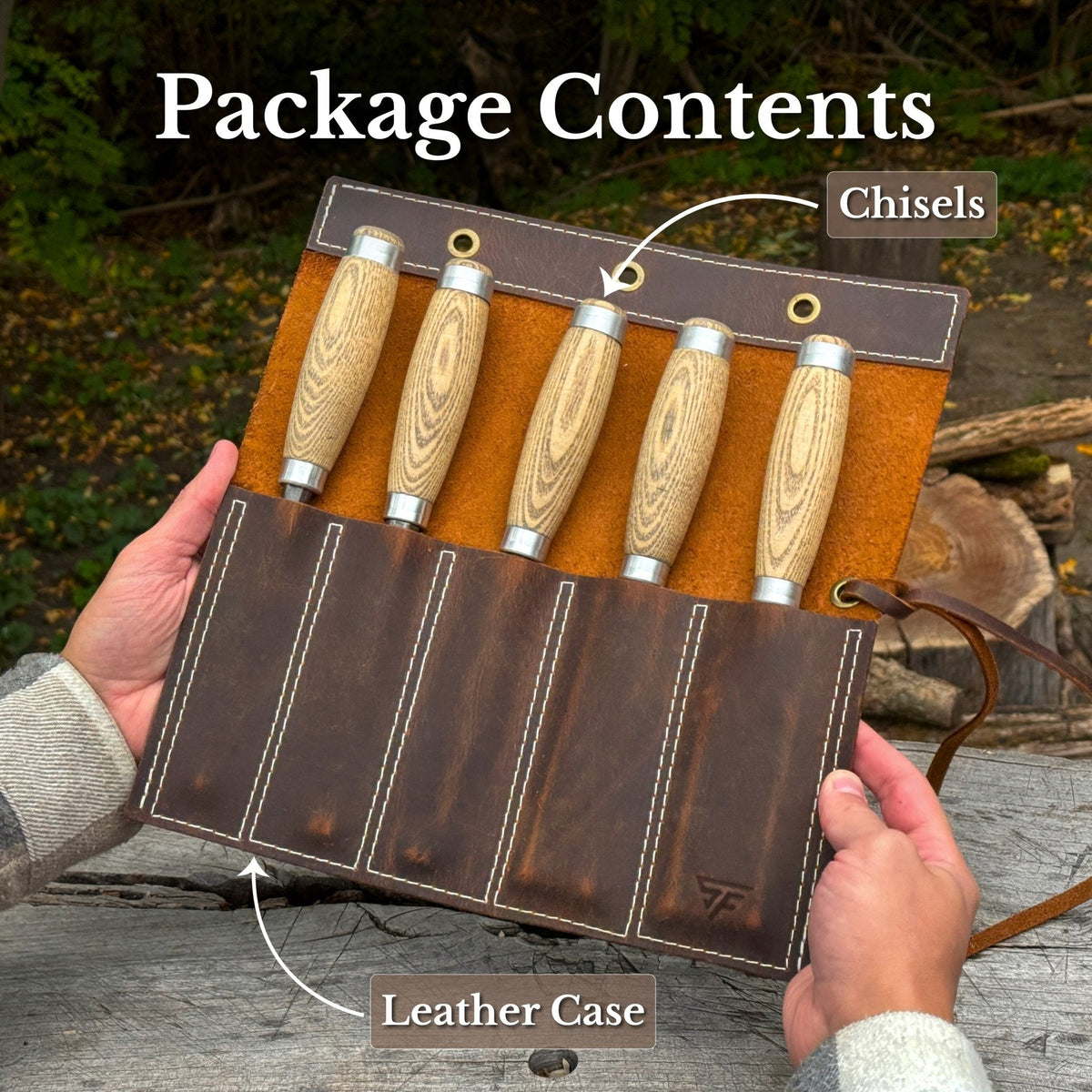5-Piece Small Timber Framing Chisel Set with Leather Case