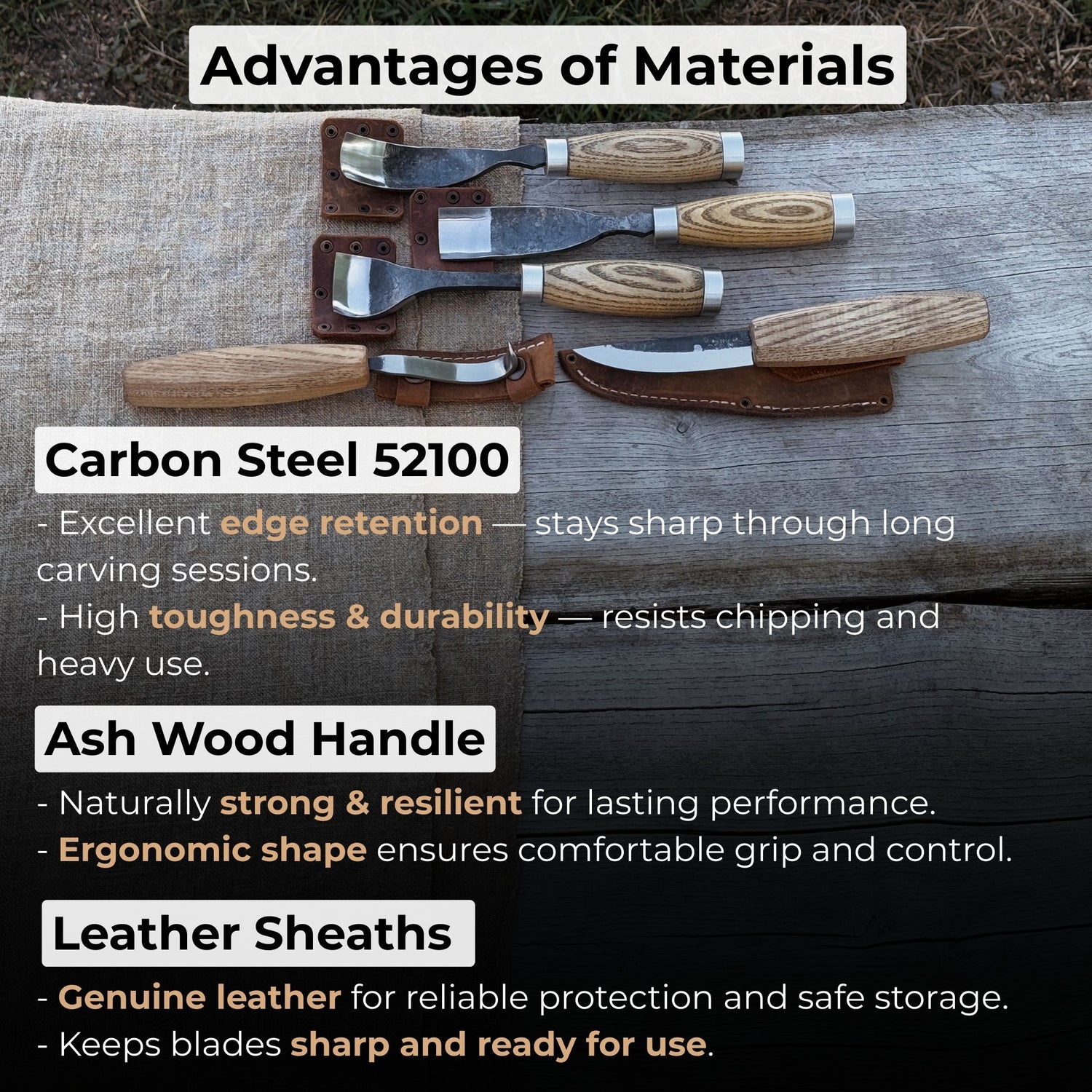 5-Piece Spoon &amp; Bowl Carving Tool Set with Leather Sheaths